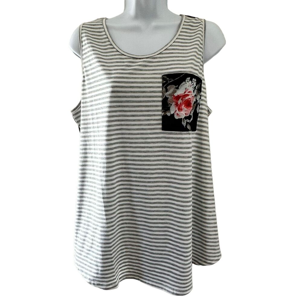 Floral Striped Contrast Pocket Detail Tank Top Size Large